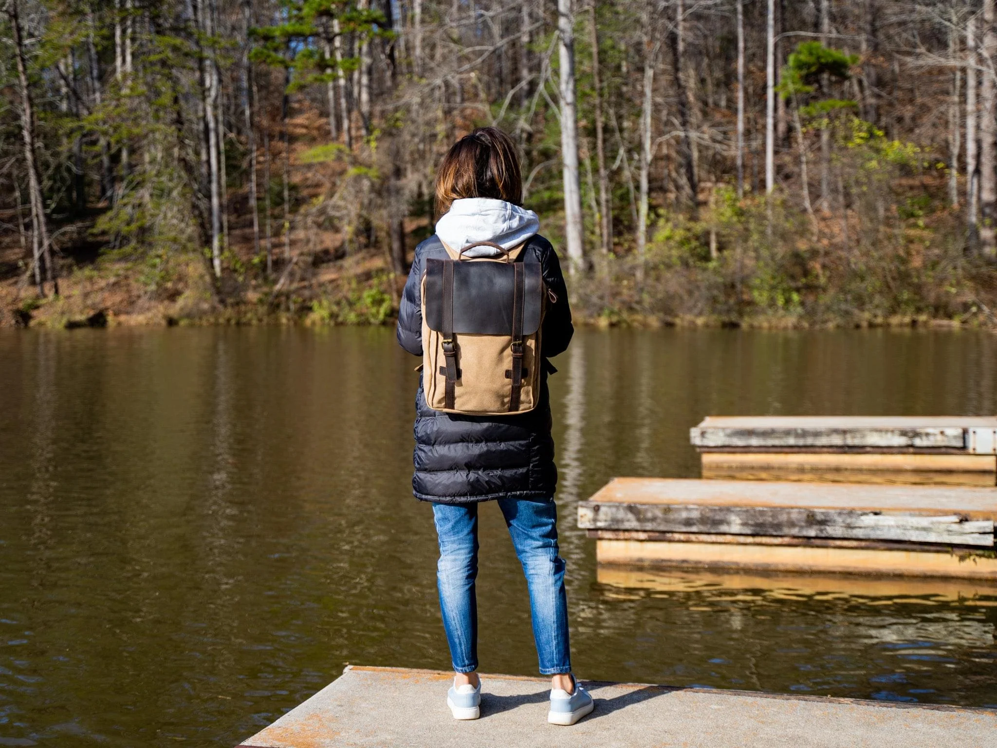 Women's Book Backpack Canvas and Leather - Camel