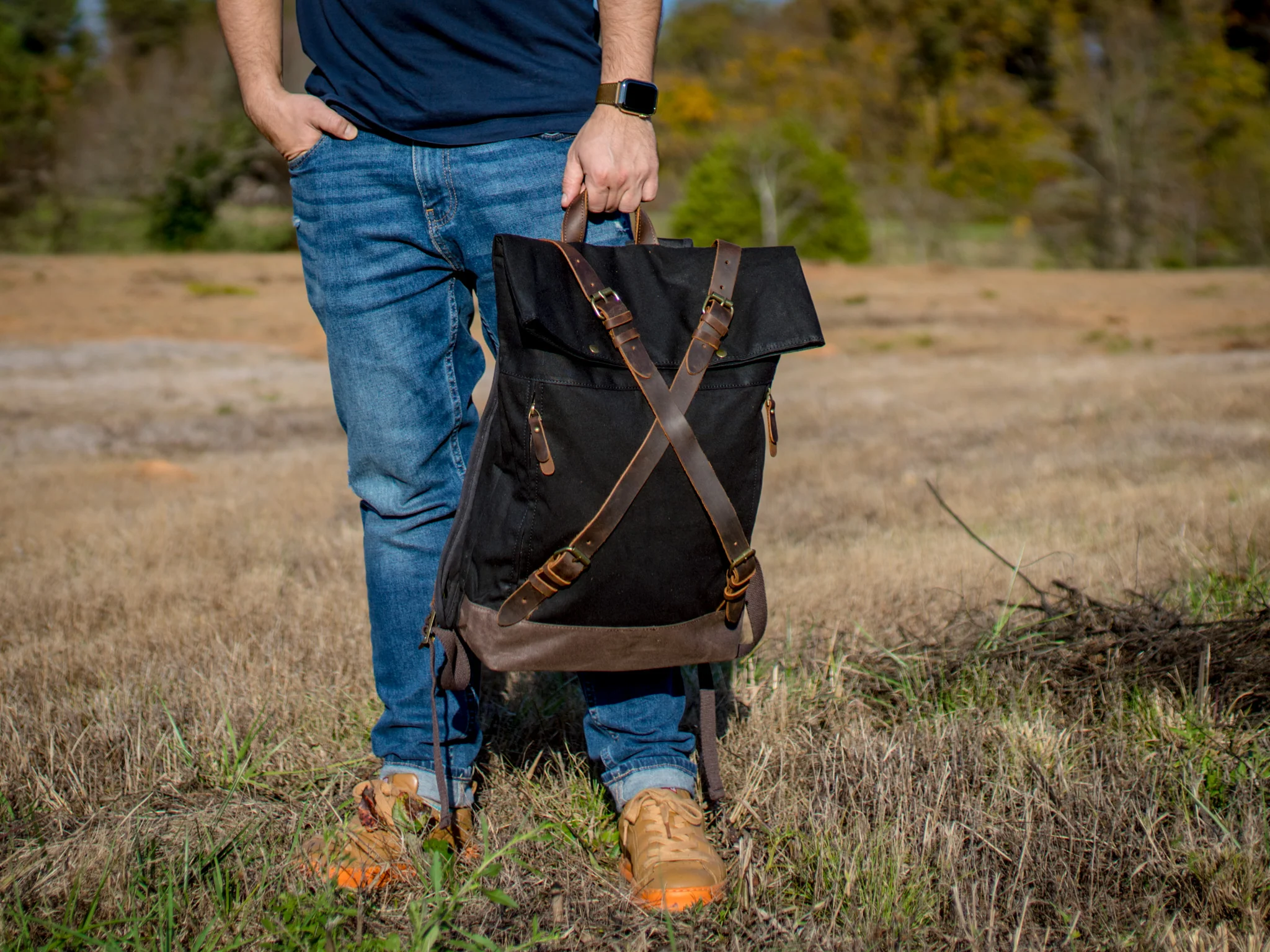 Canvas and Leather Cross Straps Backpack - Black