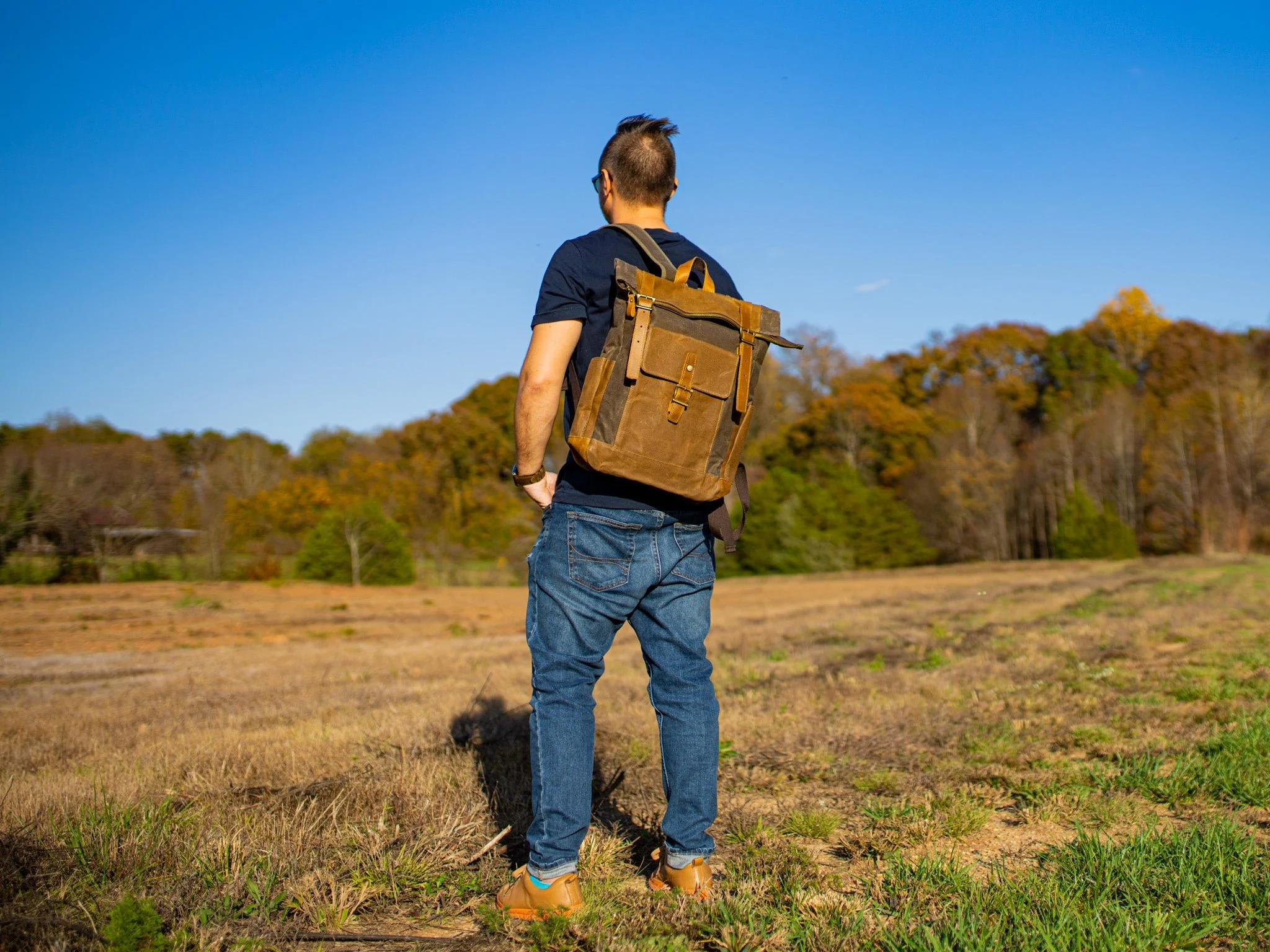 Canvas and Leather Zipper Roll Top Backpack - Brown
