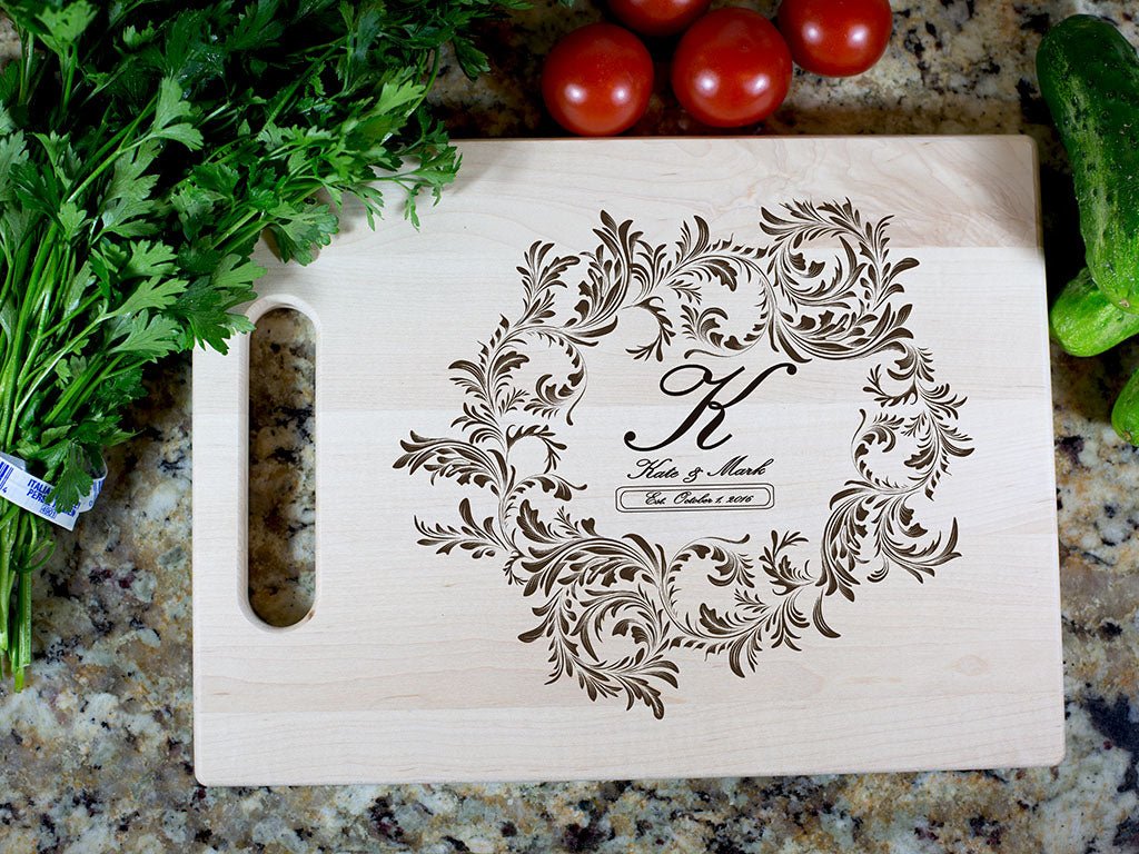 Personalized Wooden Cutting Board with Wreath Design