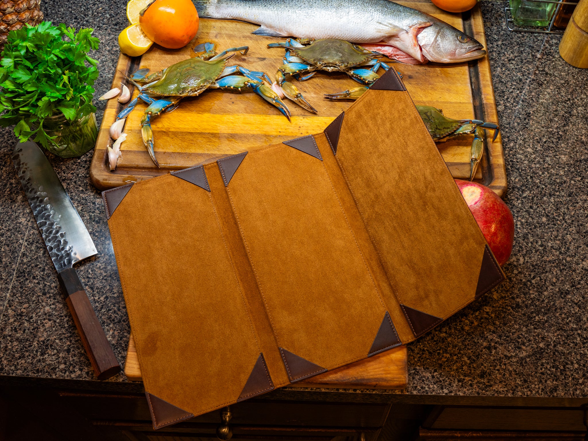 Vintage Leather Trifold Menu - Chestnut