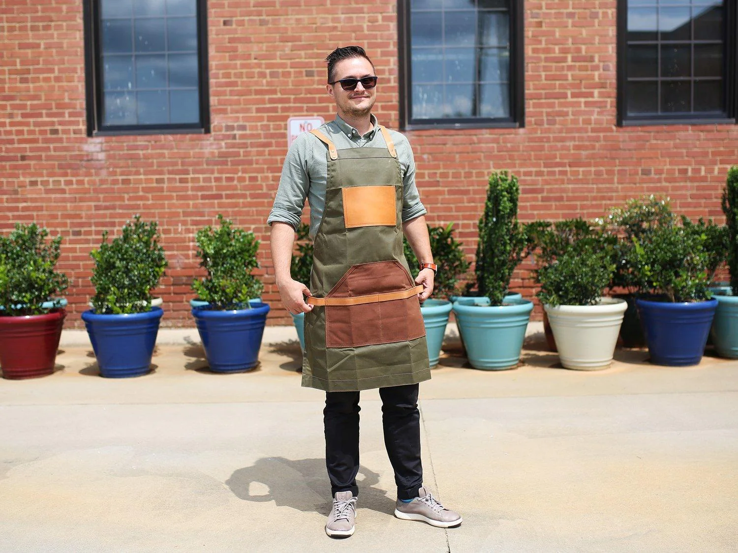 Waxed Canvas and Leather Apron - Green/Brown
